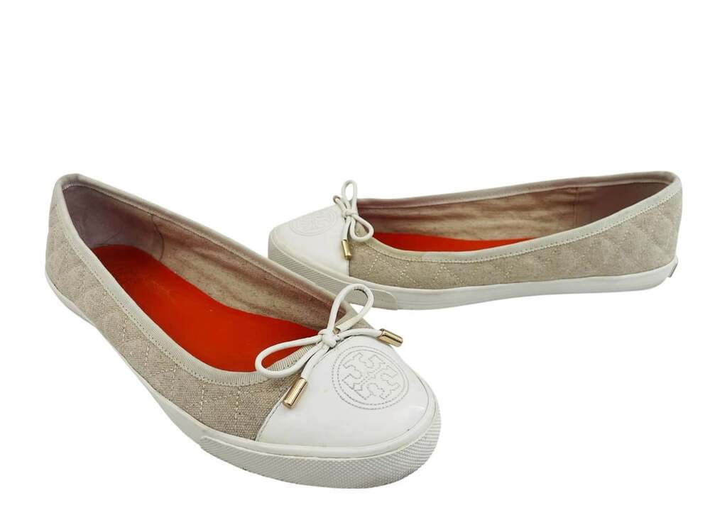 Tory Burch Skyler Beige Quilted Canvas and Orange Patent Leather Ballet Flats Si